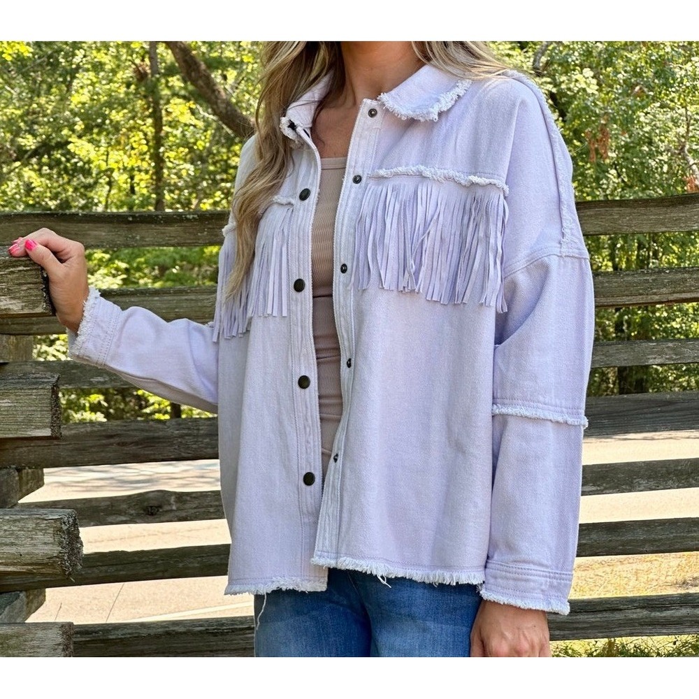 Savanna Jane Denim Fringe Jacket Size S Lavender Rodeo Cowgirl Festival Boho